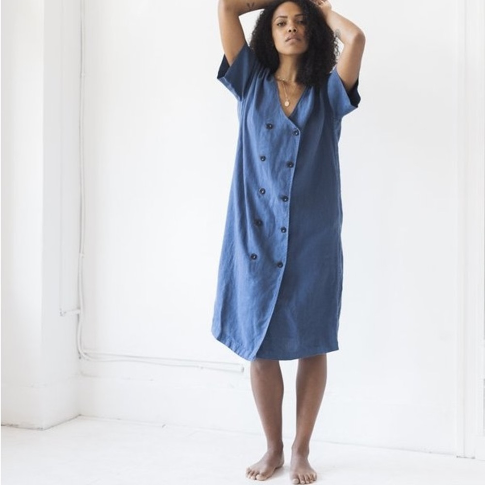 Esby Harlow Double Breasted Linen Dress Denim Blue Small